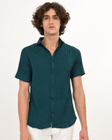 Front view of teal green textured button-down short-sleeve shirt