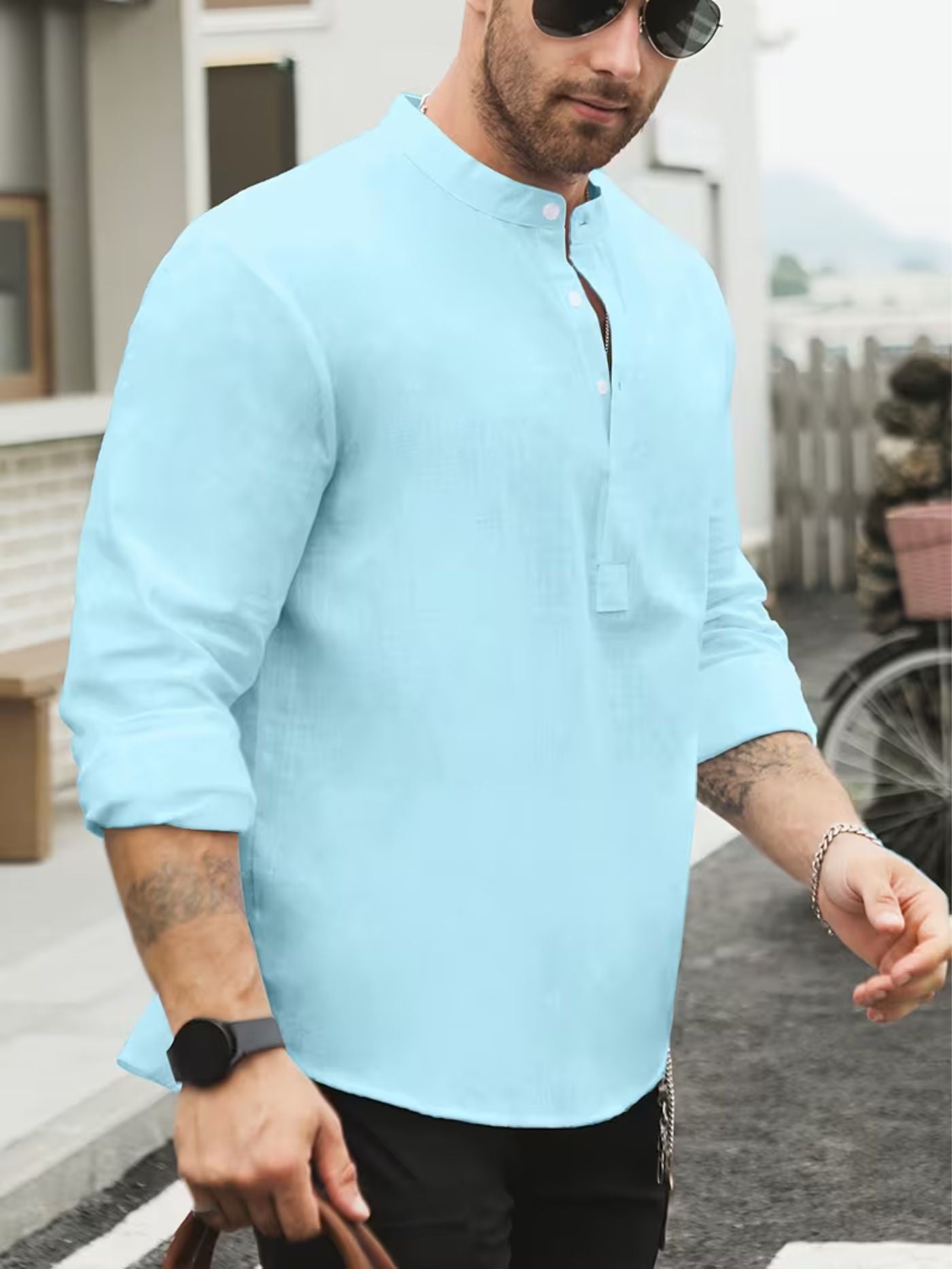 Horizon light blue mandarin collar shirt for men