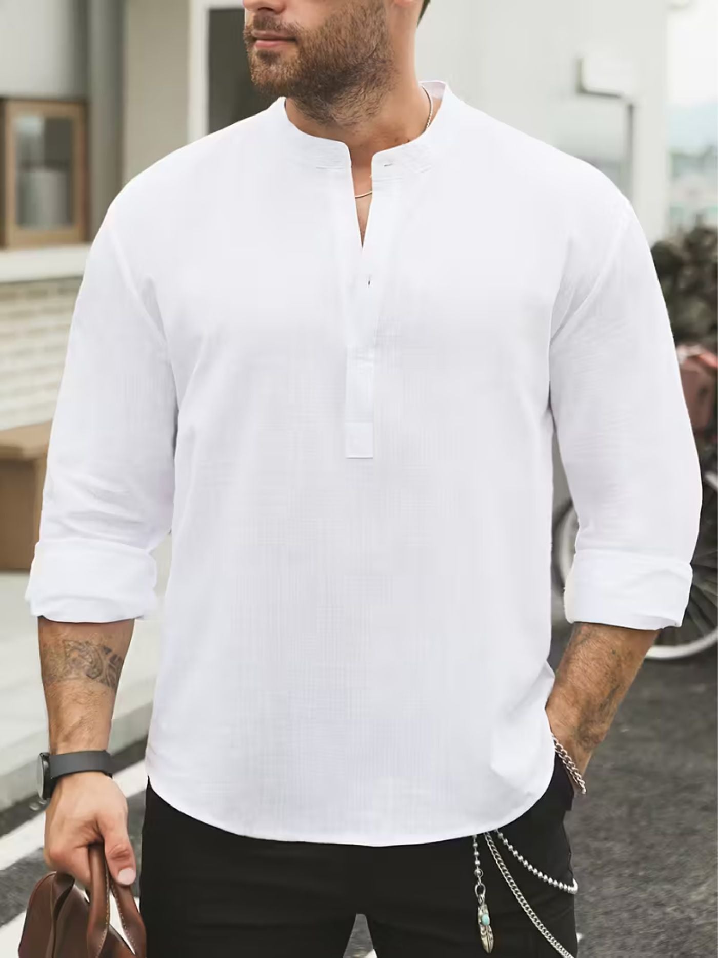 Ivory mandarin collar breathable shirt for men