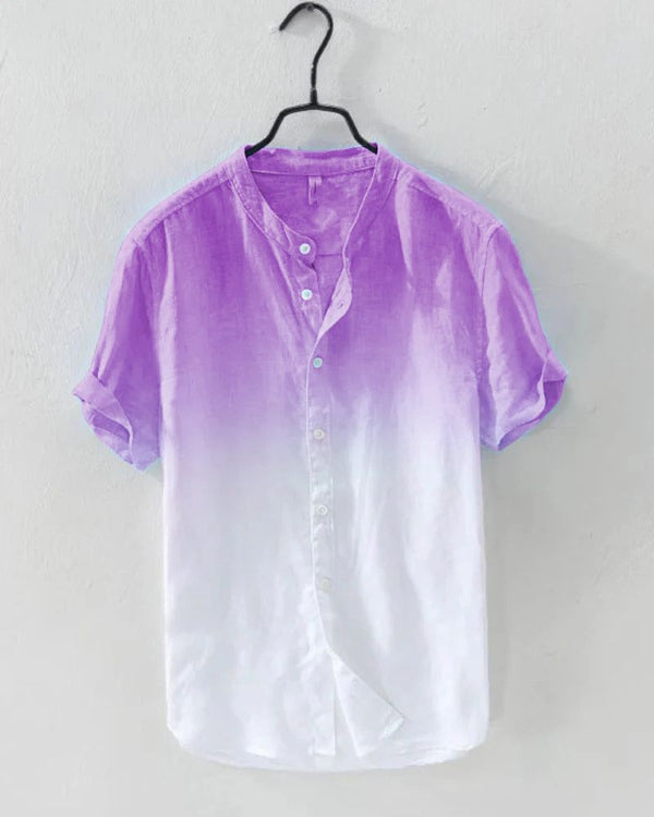 Lavender ombre short-sleeve shirt fading to white, front-hanging view