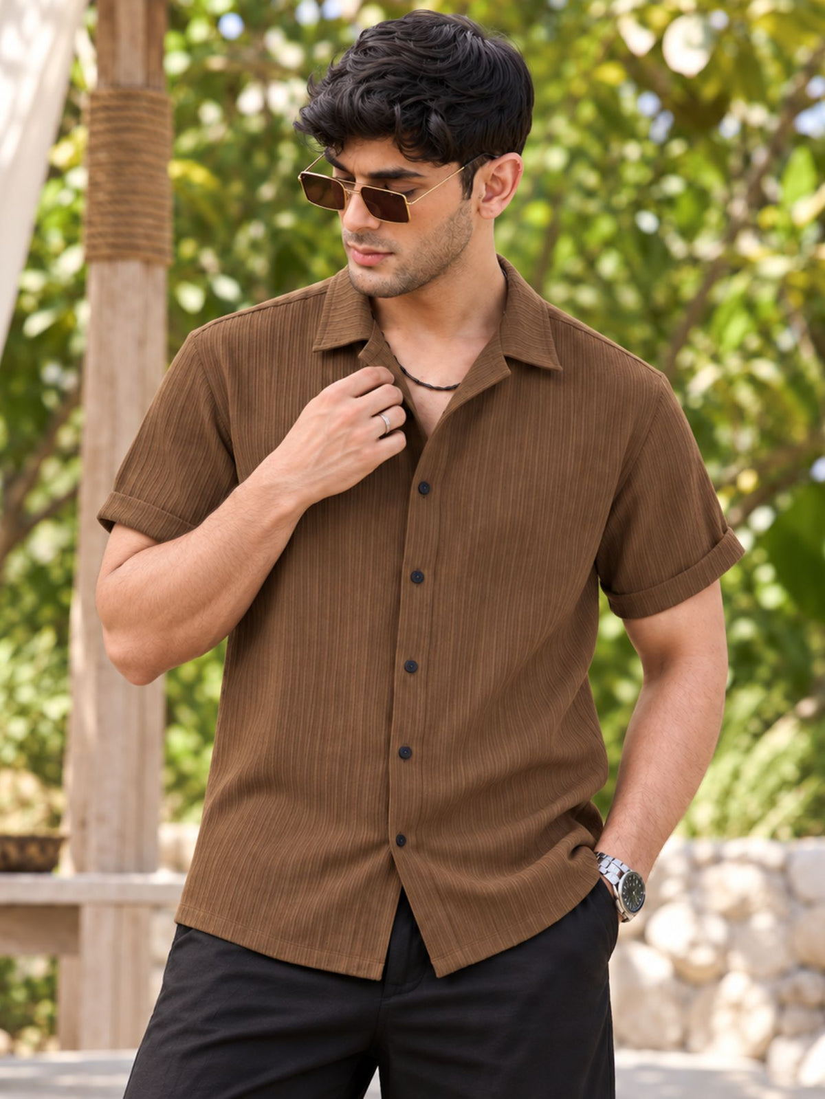 half sleeve brown textured shirt for men