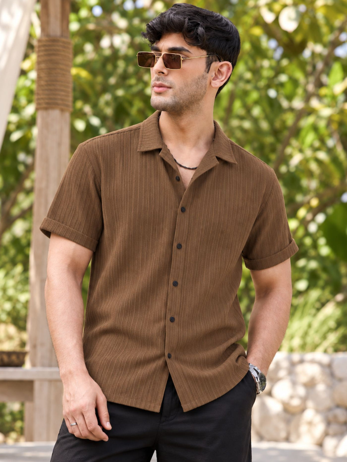 espresso brown textured shirt for men
