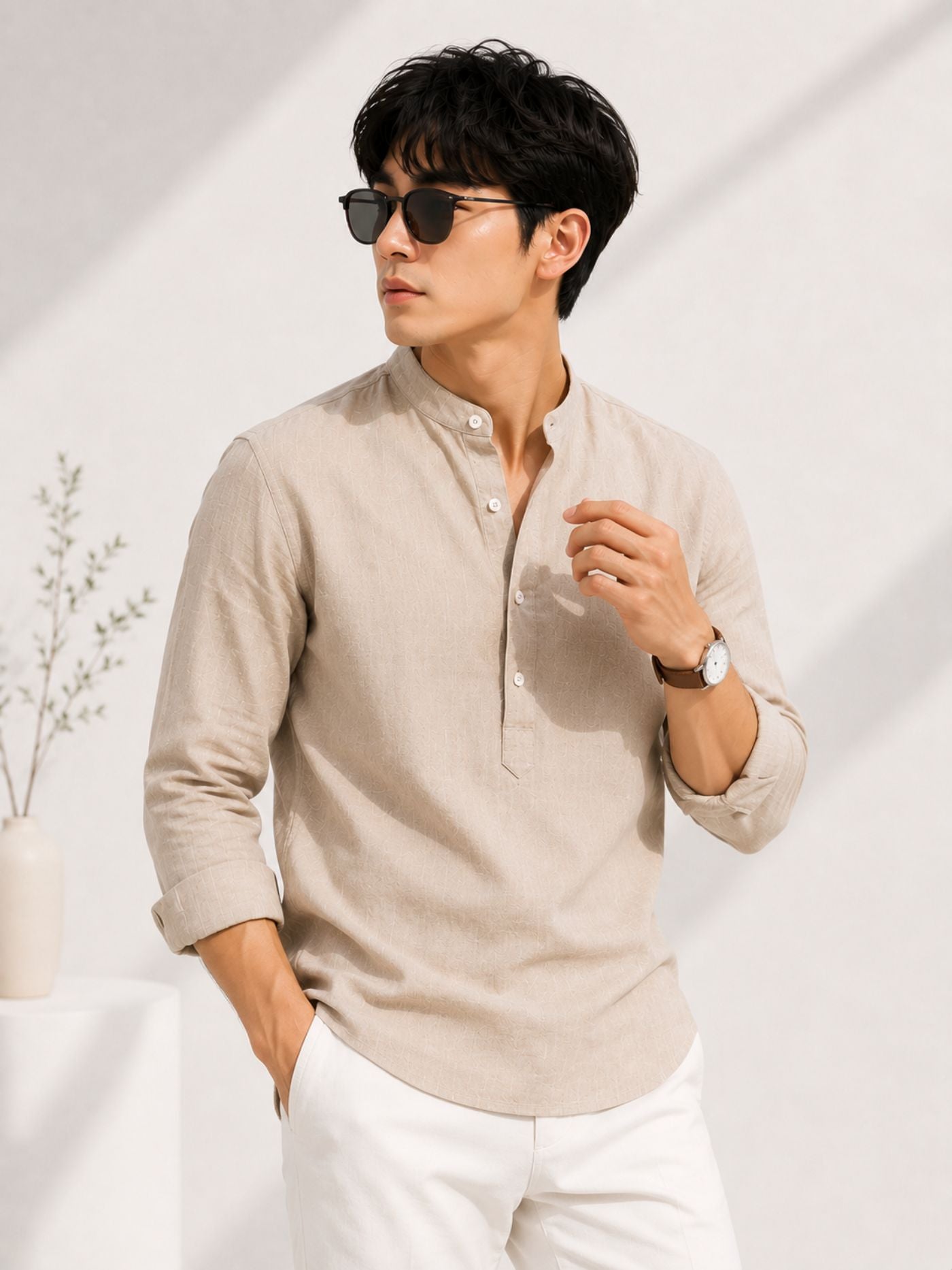Men's Beige Pure Cotton Kurta Shirt Close-Up Front View with Premium Styling