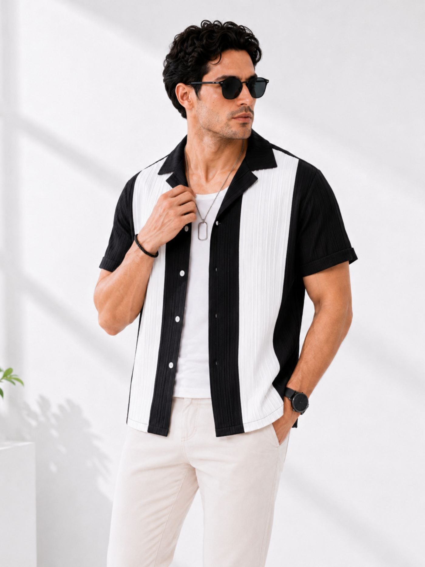 Men’s Black and Pearl Contrast Shirt standing studio pose