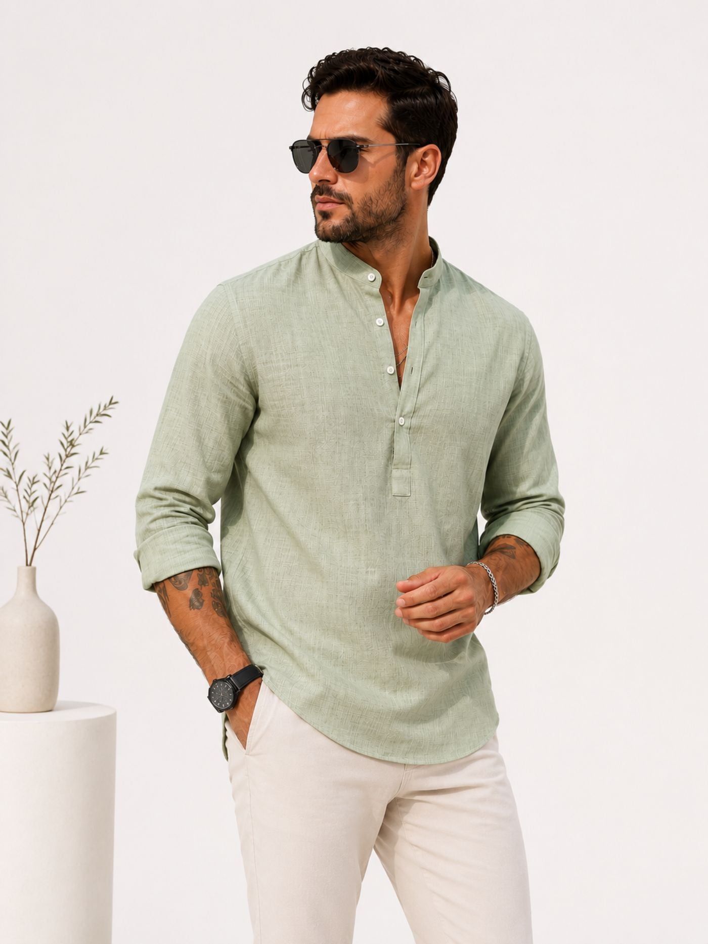 Men's Full Sleeve Sage Green Kurta Shirt
