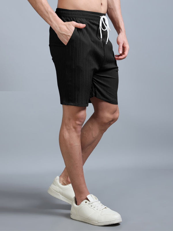 Men’s Luxe Ribbed Drawstring Shorts in Black – Front View