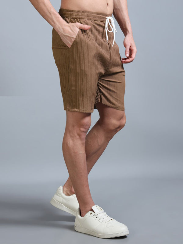 Men’s Luxe Ribbed Drawstring Shorts in Brown – Front View