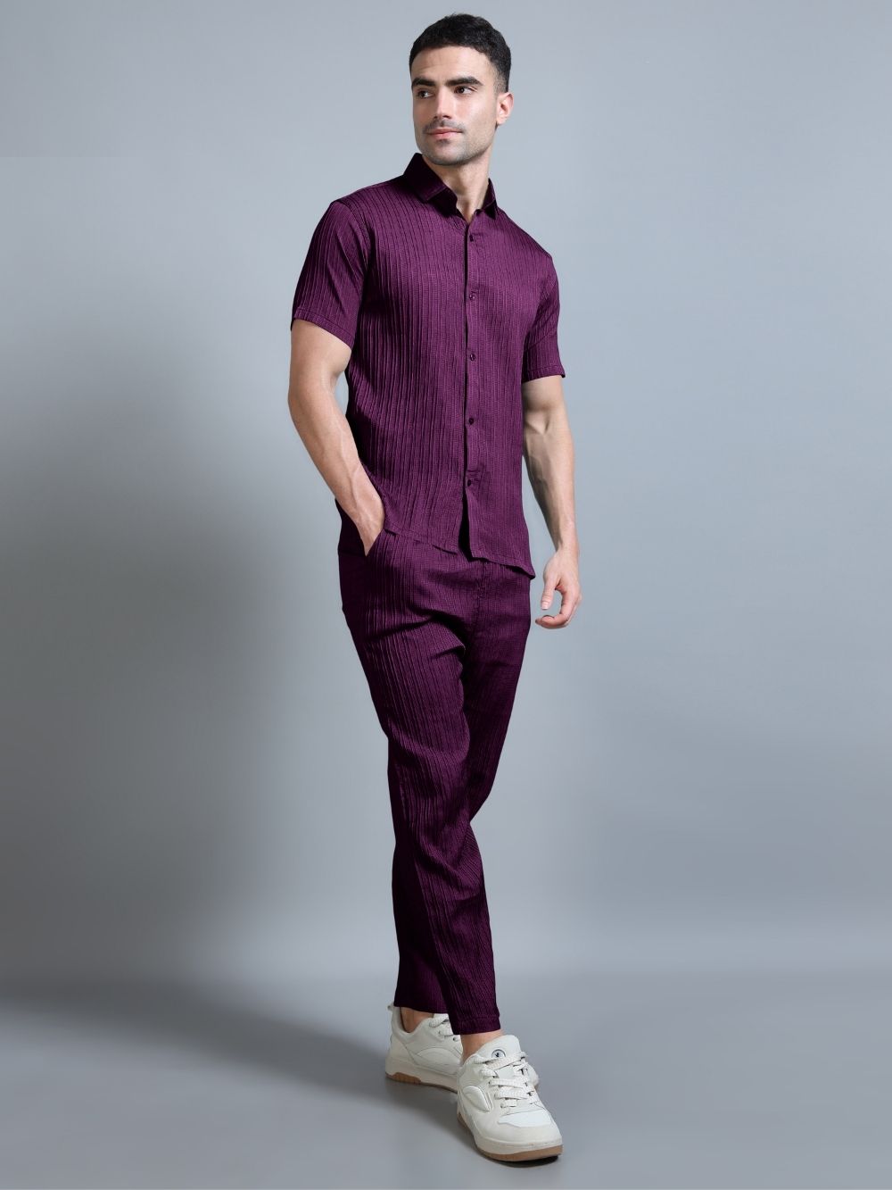 Men’s Plum Purple Cord Set walking pose