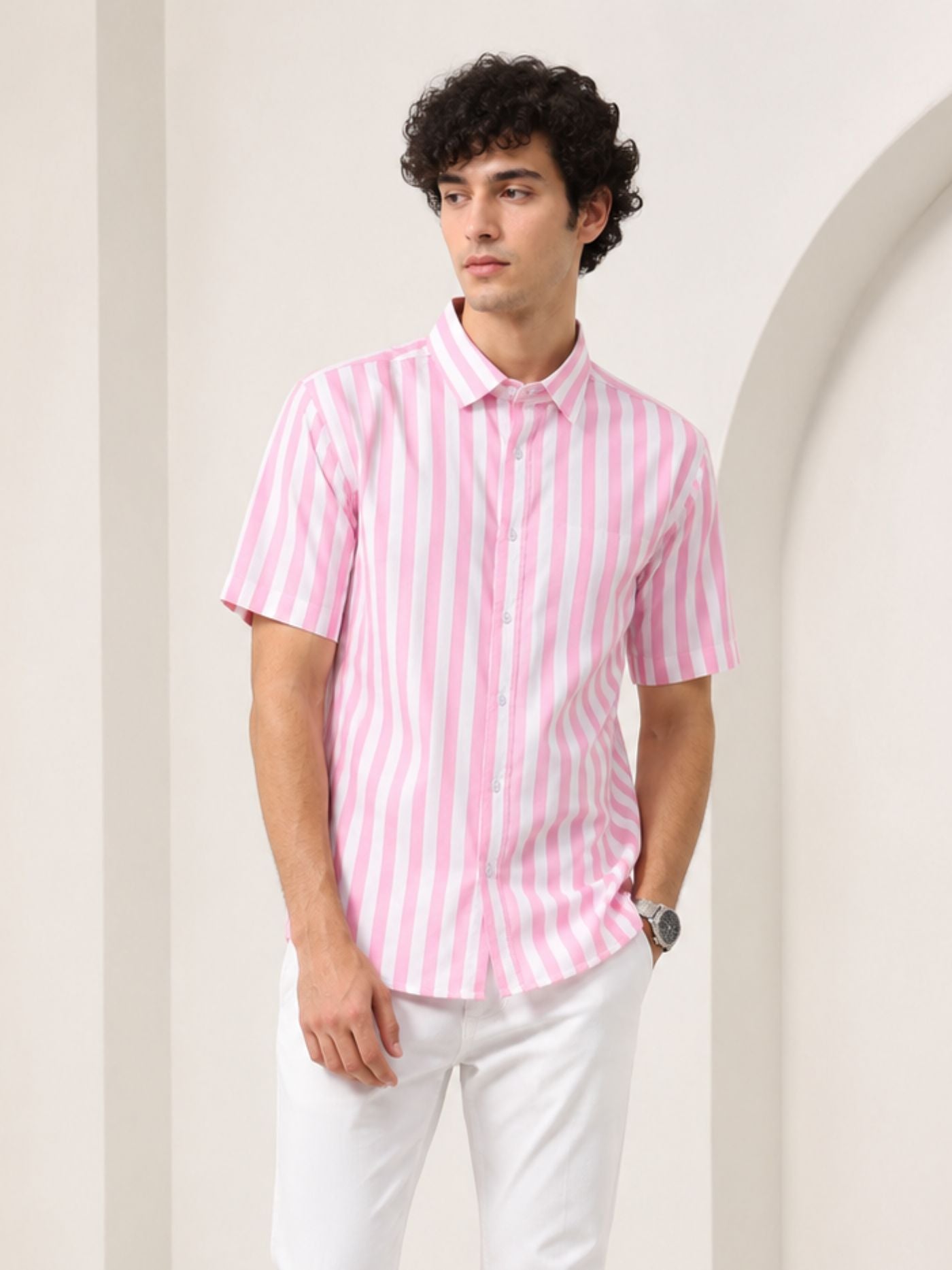 Men's Rose Pink Vertical Stripe Half Sleeve Shirt