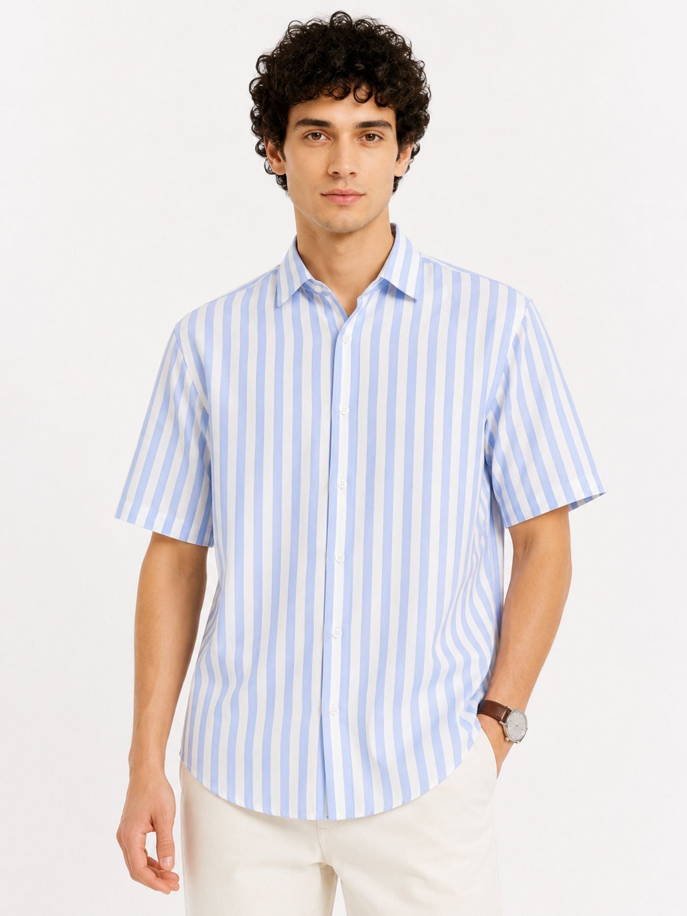 Men's Sky Blue Vertical Stripe Half Sleeve Shirt