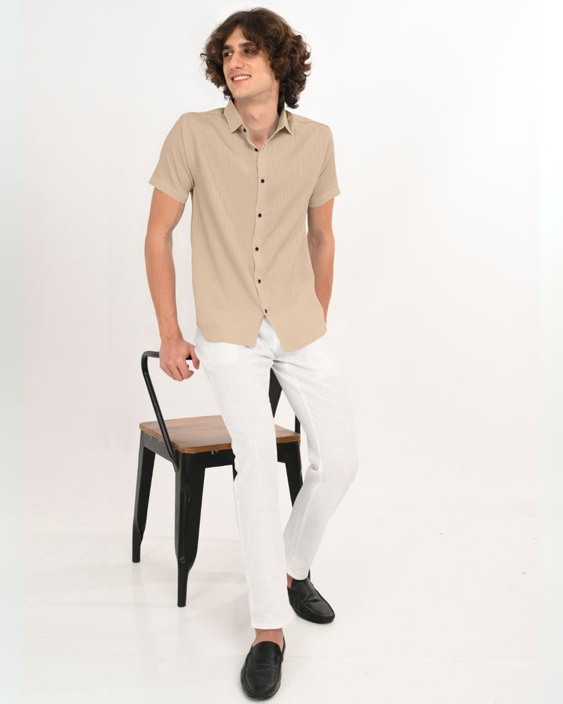 Men’s beige textured short sleeve shirt front view