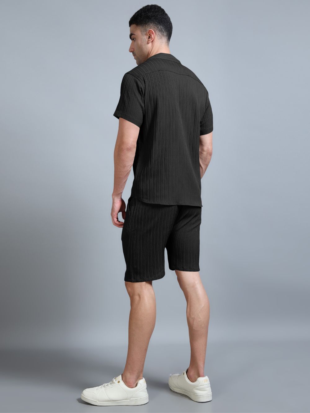 Men’s black crinkle fabric co-ord set, back angle