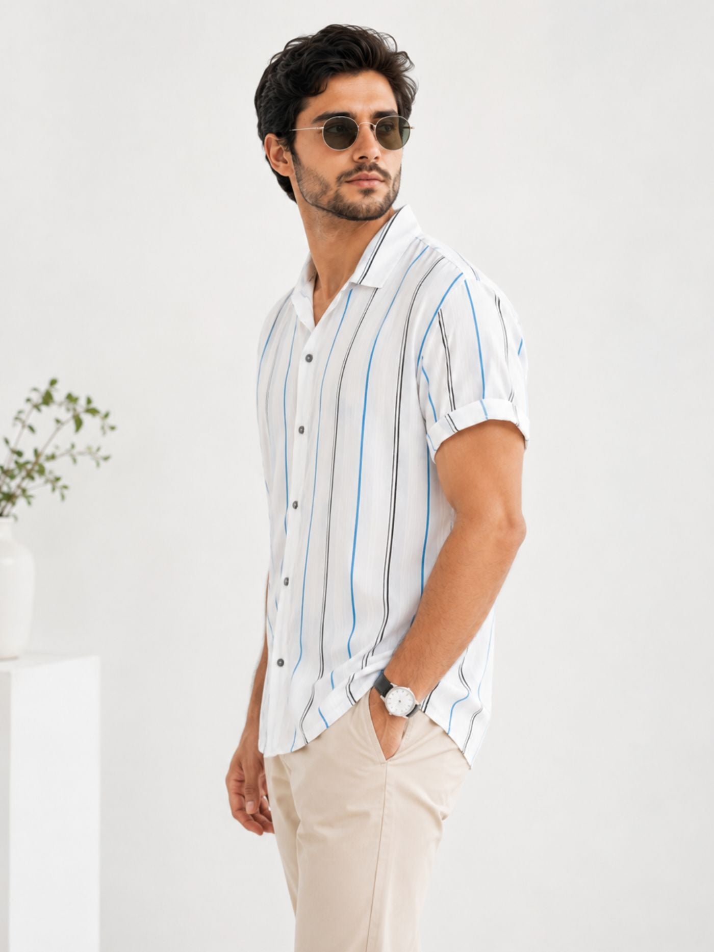 Men’s half sleeve striped casual shirt in sky blue and black