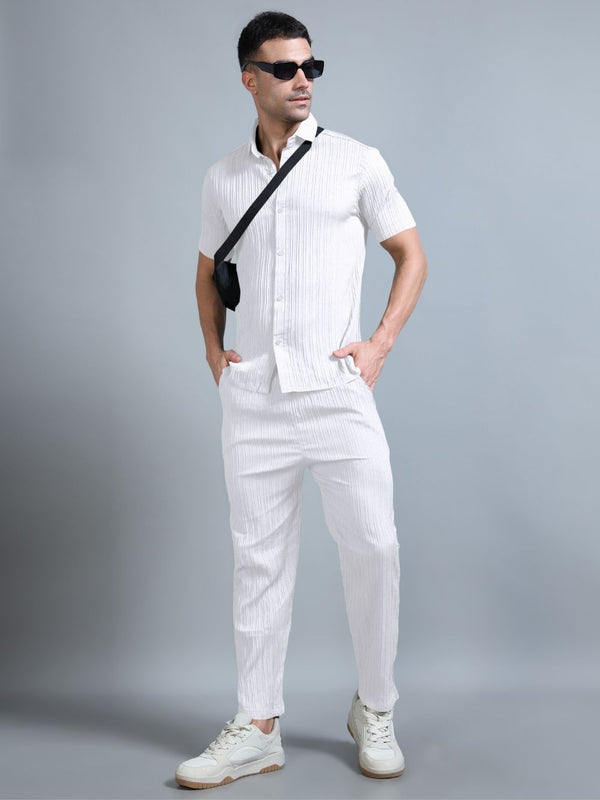 Men’s ivory white cord set angled pose