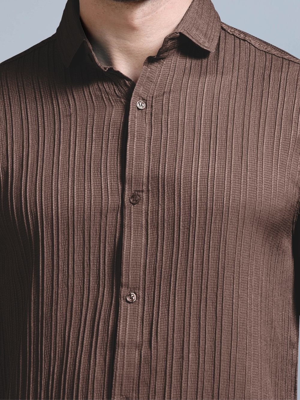 Men’s mocha brown cord shirt close-up front