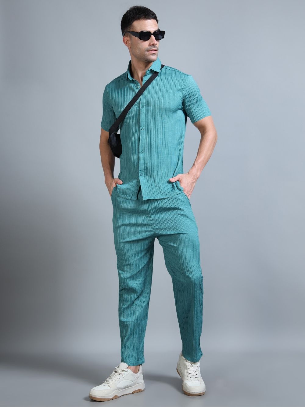 Men’s teal green cord set front view