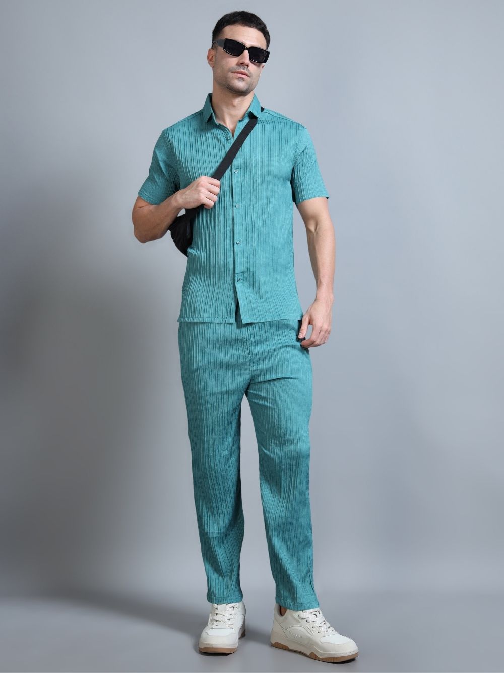 Men’s teal green cord set side angle