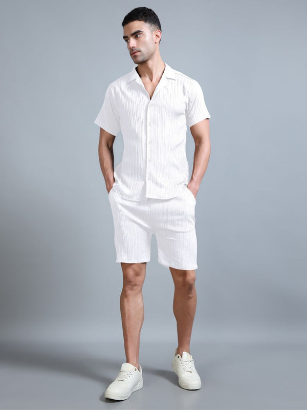 Men’s white crinkle co-ord set, front view