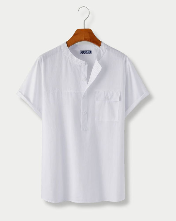 Men's white short sleeve mandarin collar shirt with chest pocket – front view


