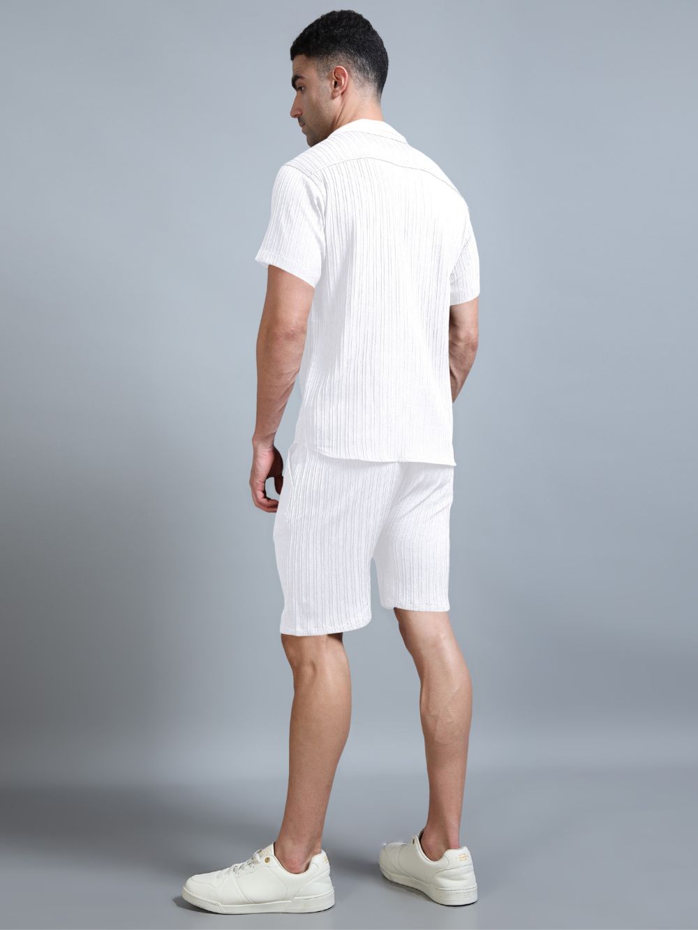 Men’s white textured co-ord set, back view