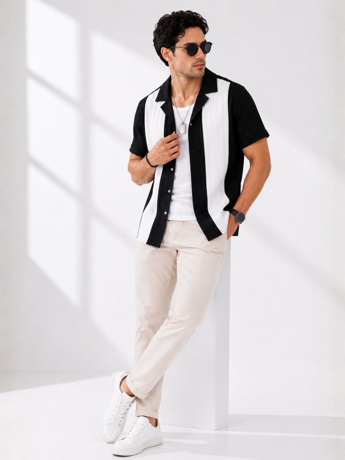 Men wearing Veyra Black and Pearl Performance Shirt full-length front view
