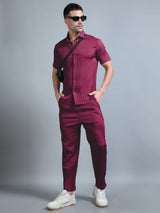 Model styling Wine Red Textured Cord Set with sunglasses
