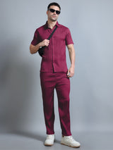 Model wearing Wine Red Textured Cord Set front view