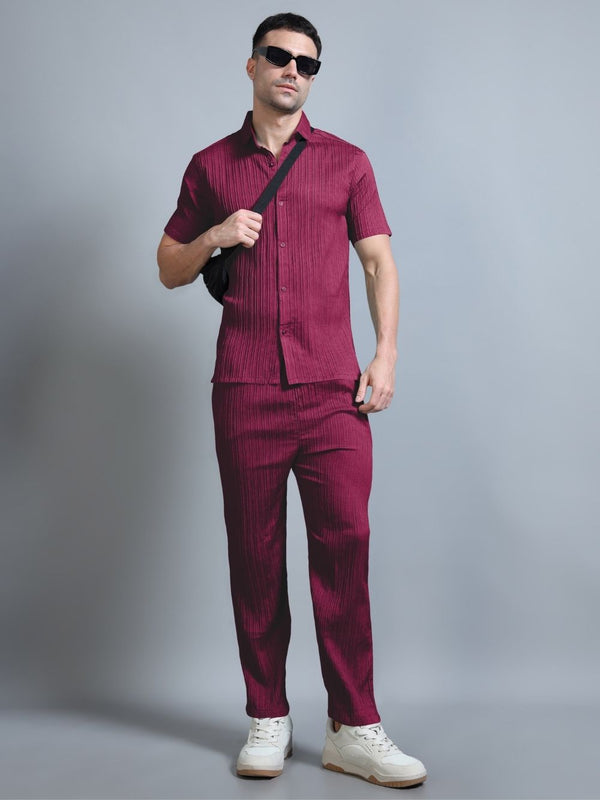 Model wearing Wine Red Textured Cord Set front view