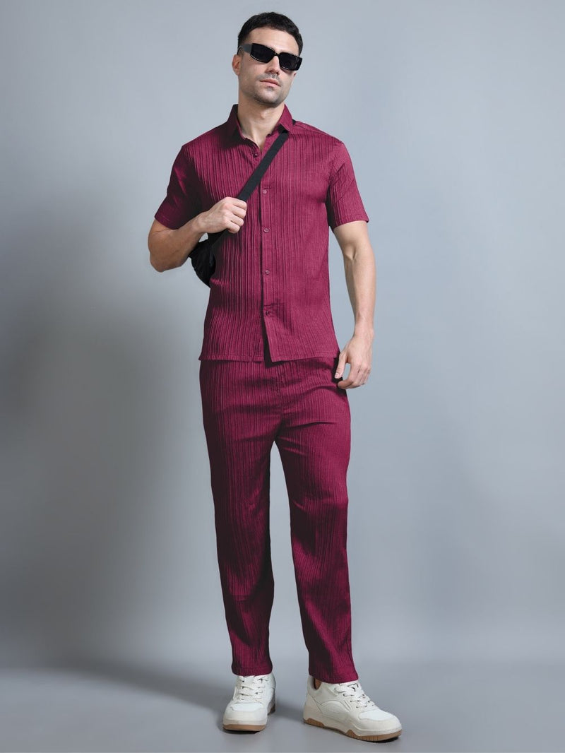 Model wearing Wine Red Textured Cord Set front view