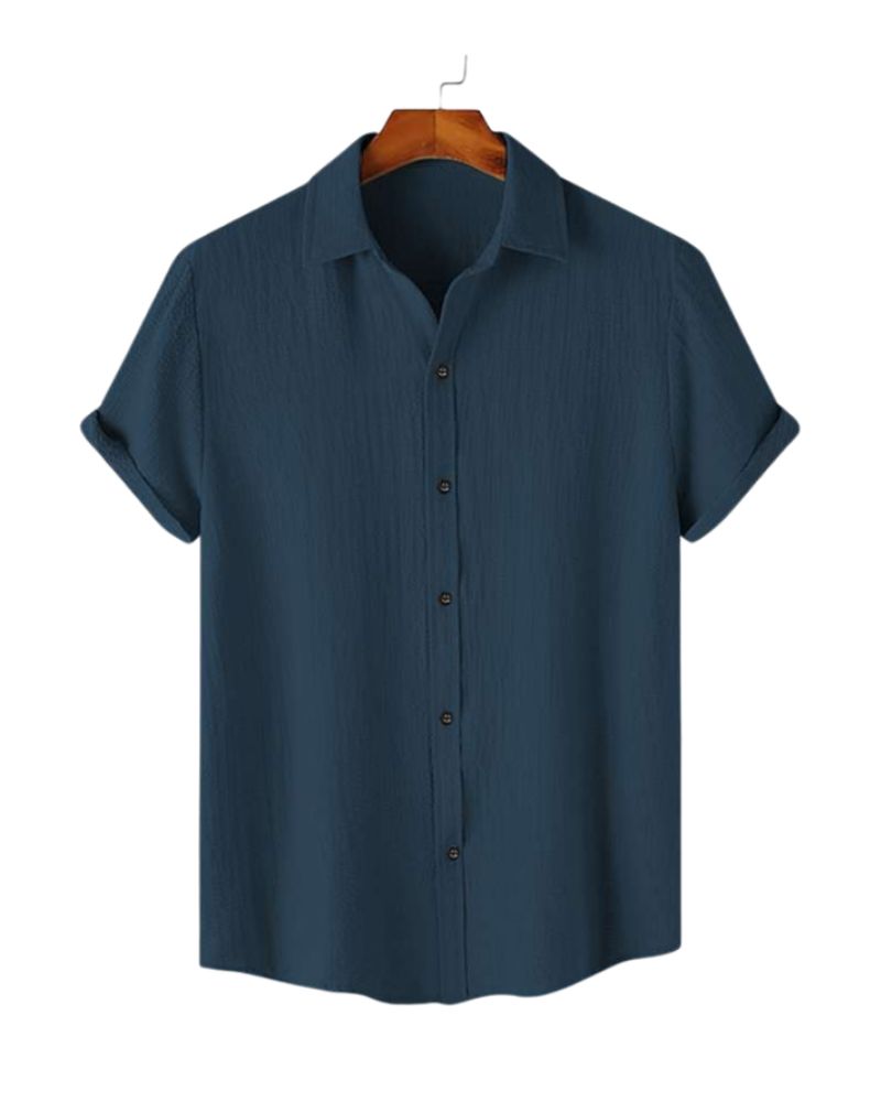 Navy crinkle texture shirt on hanger