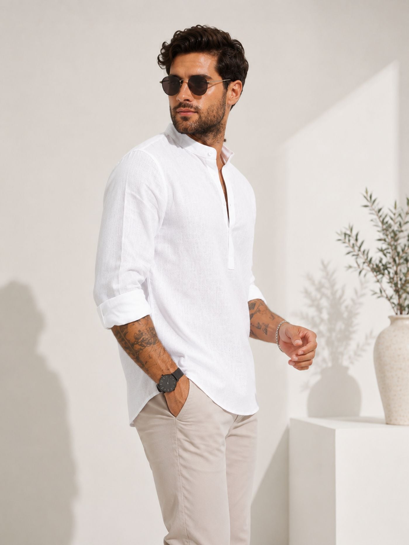 Arctic Breeze White Mandarin Collar Shirt for Men in Linen Feel Textured Fabric with Beige Trousers and Loafers