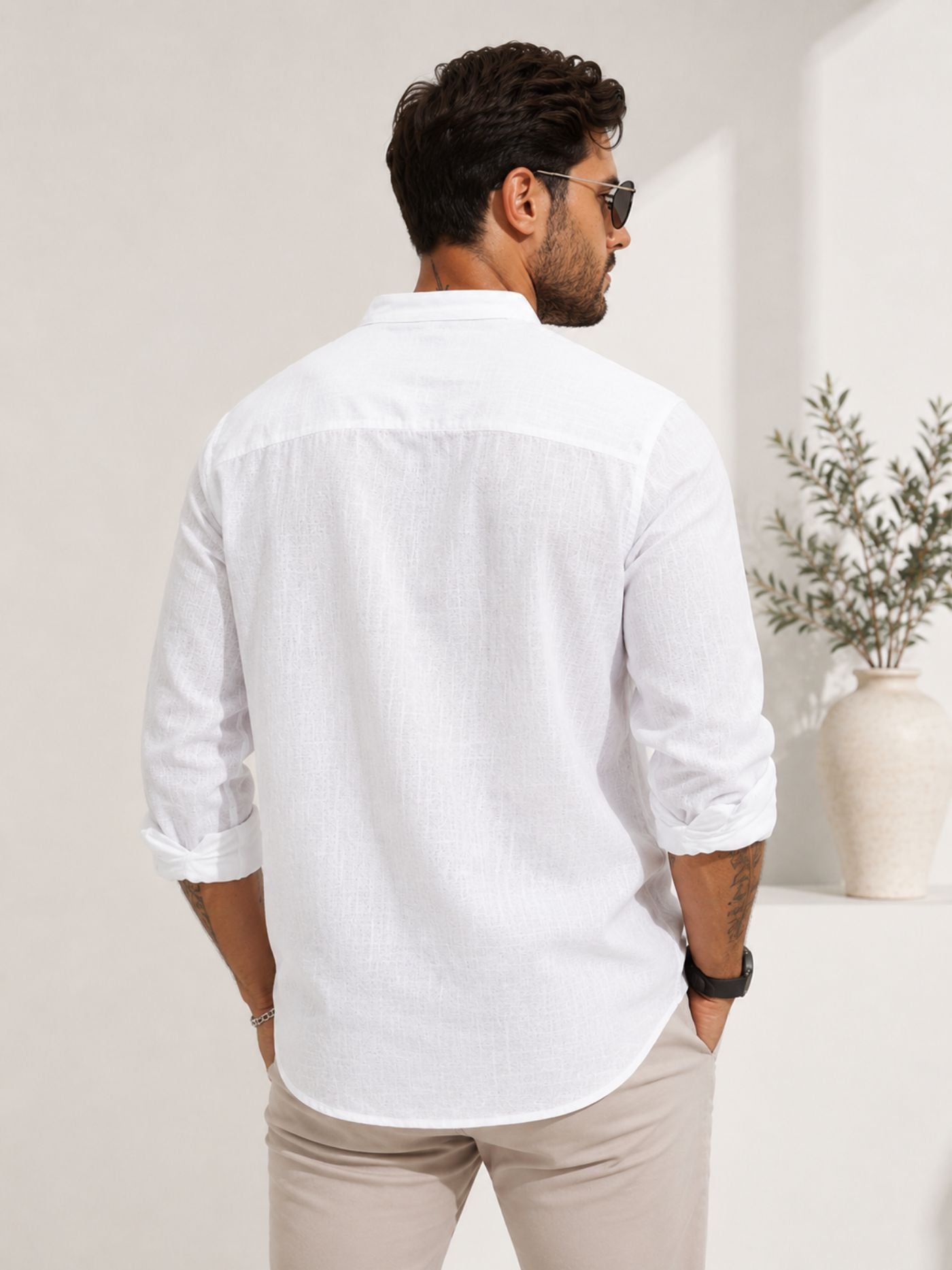 White Mandarin Collar Shirt for Men