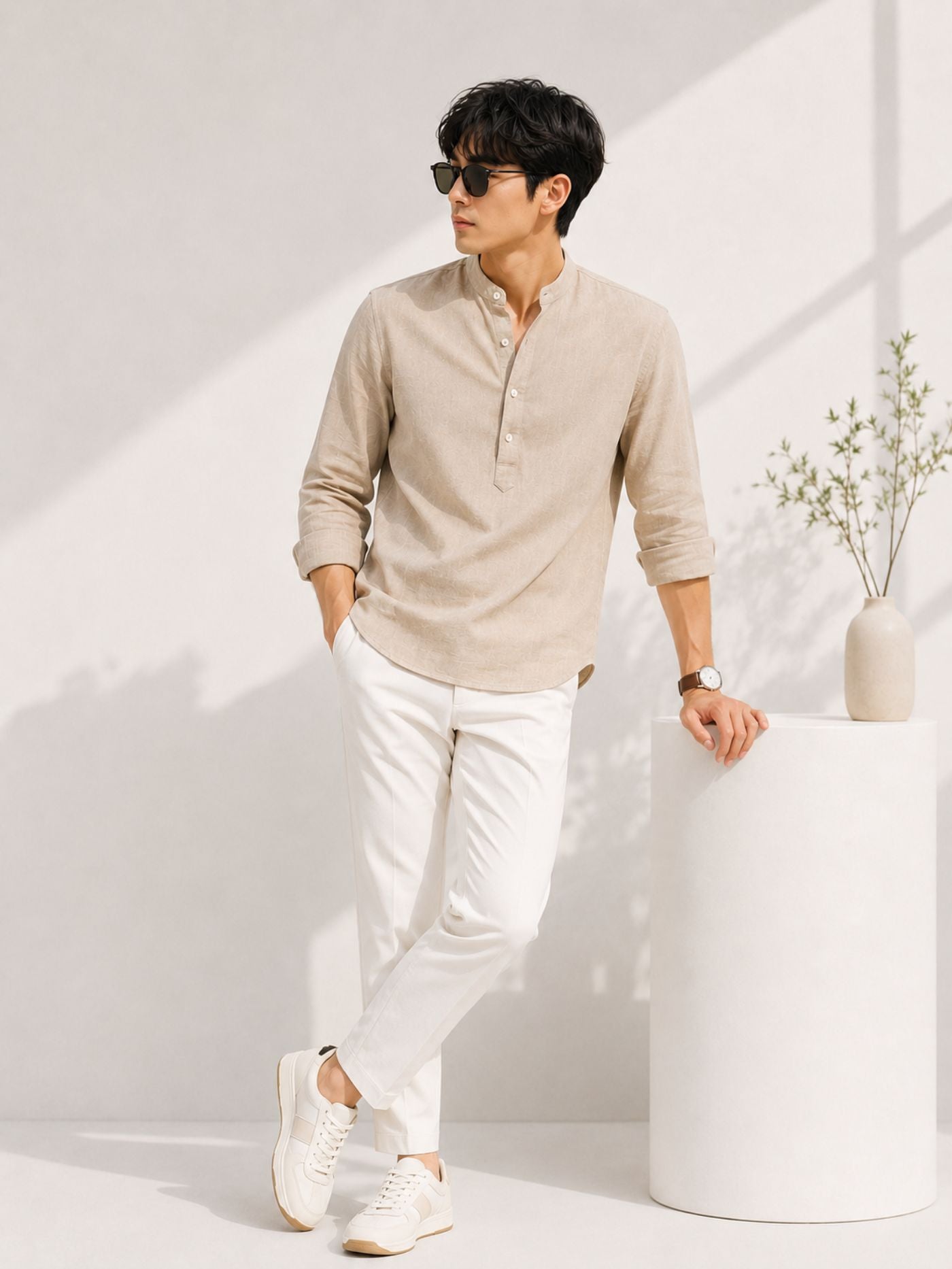 Premium Men's Beige Cotton Kurta Shirt Showing Fabric Texture and Tailored Fit