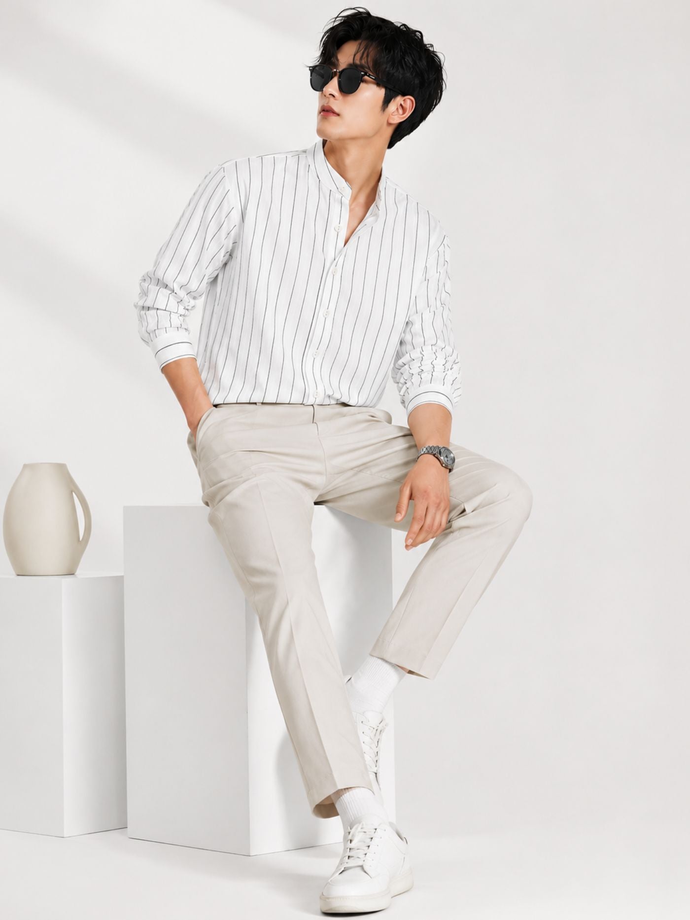 Premium White Pinstripe Kurta Shirt for Men Styled with Trousers and Loafers