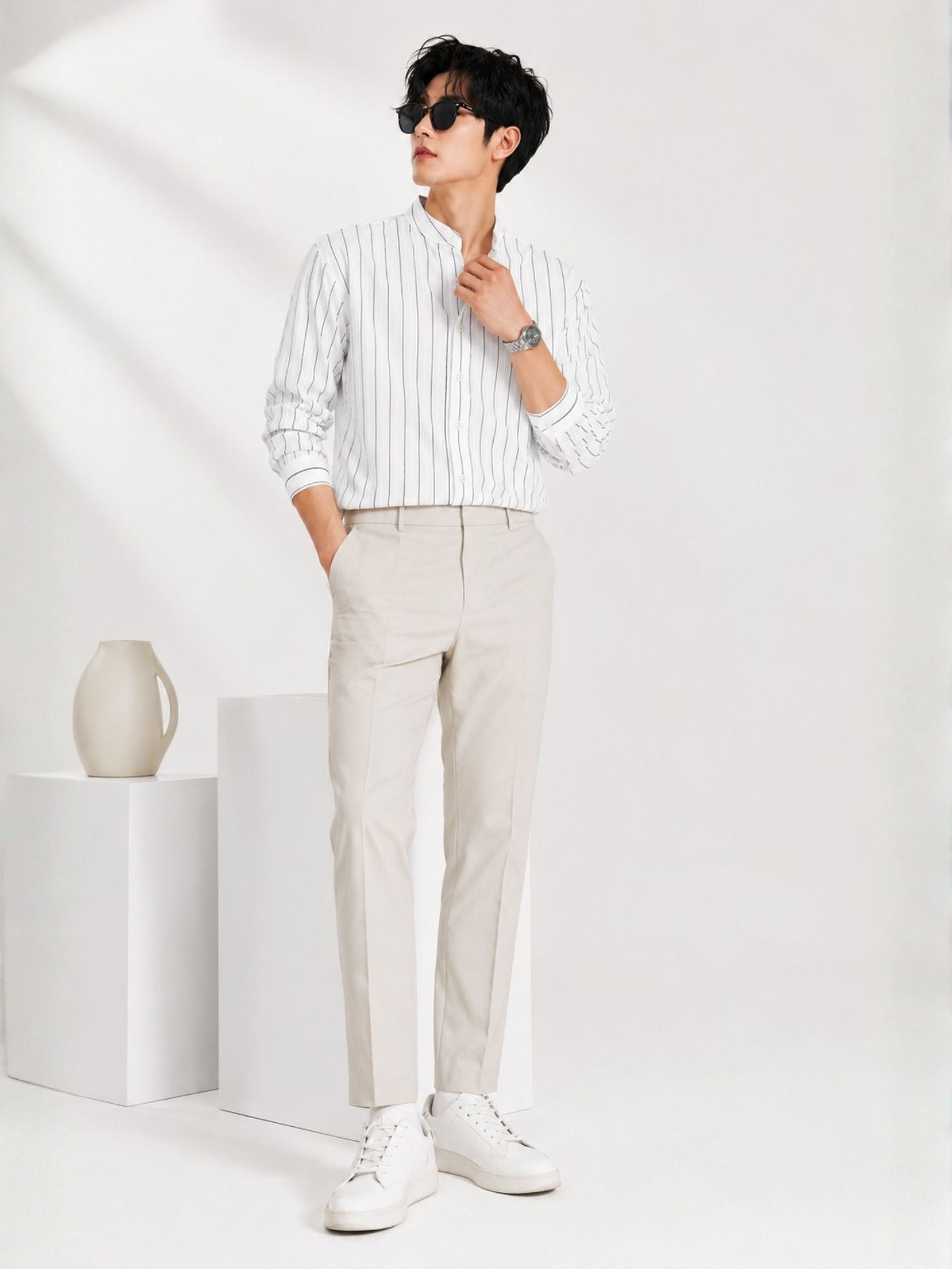 Premium White Pinstripe Kurta Shirt for Men Styled with Trousers and Loafers