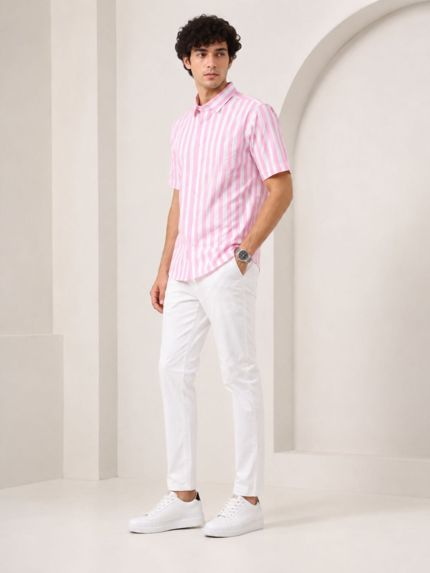 Rose Pink Cotton Blend Stripe Shirt for Men