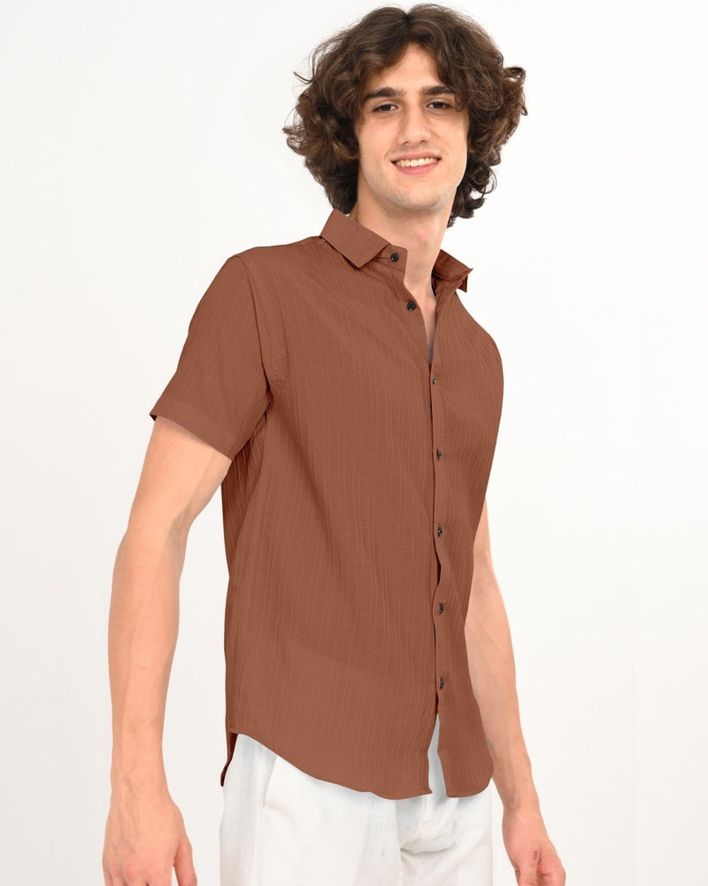 Rust brown textured short-sleeve shirt buttoned up front view