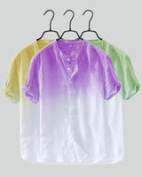 Set of three pastel ombre shirts in lavender, lime, and gold on hangers