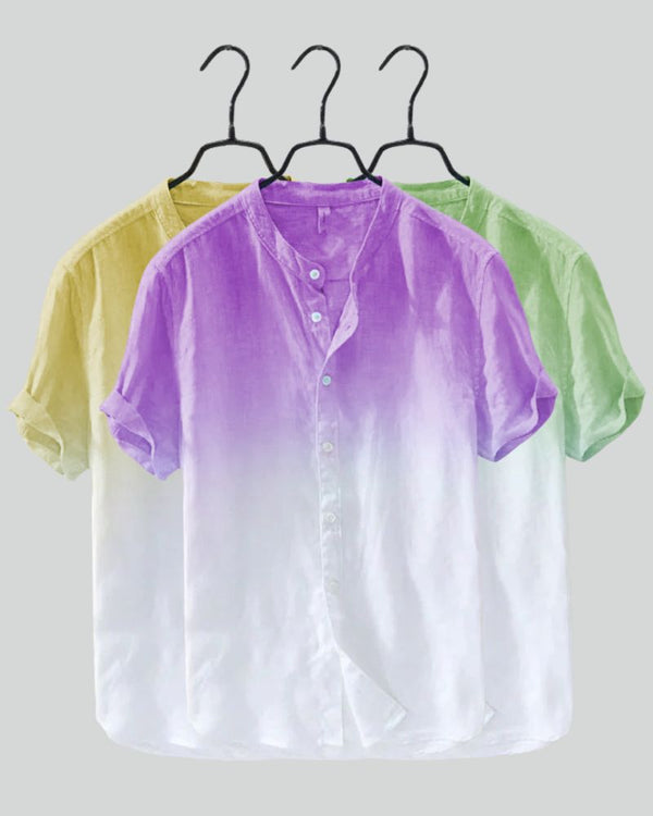 Set of three pastel ombre shirts in lavender, lime, and gold on hangers