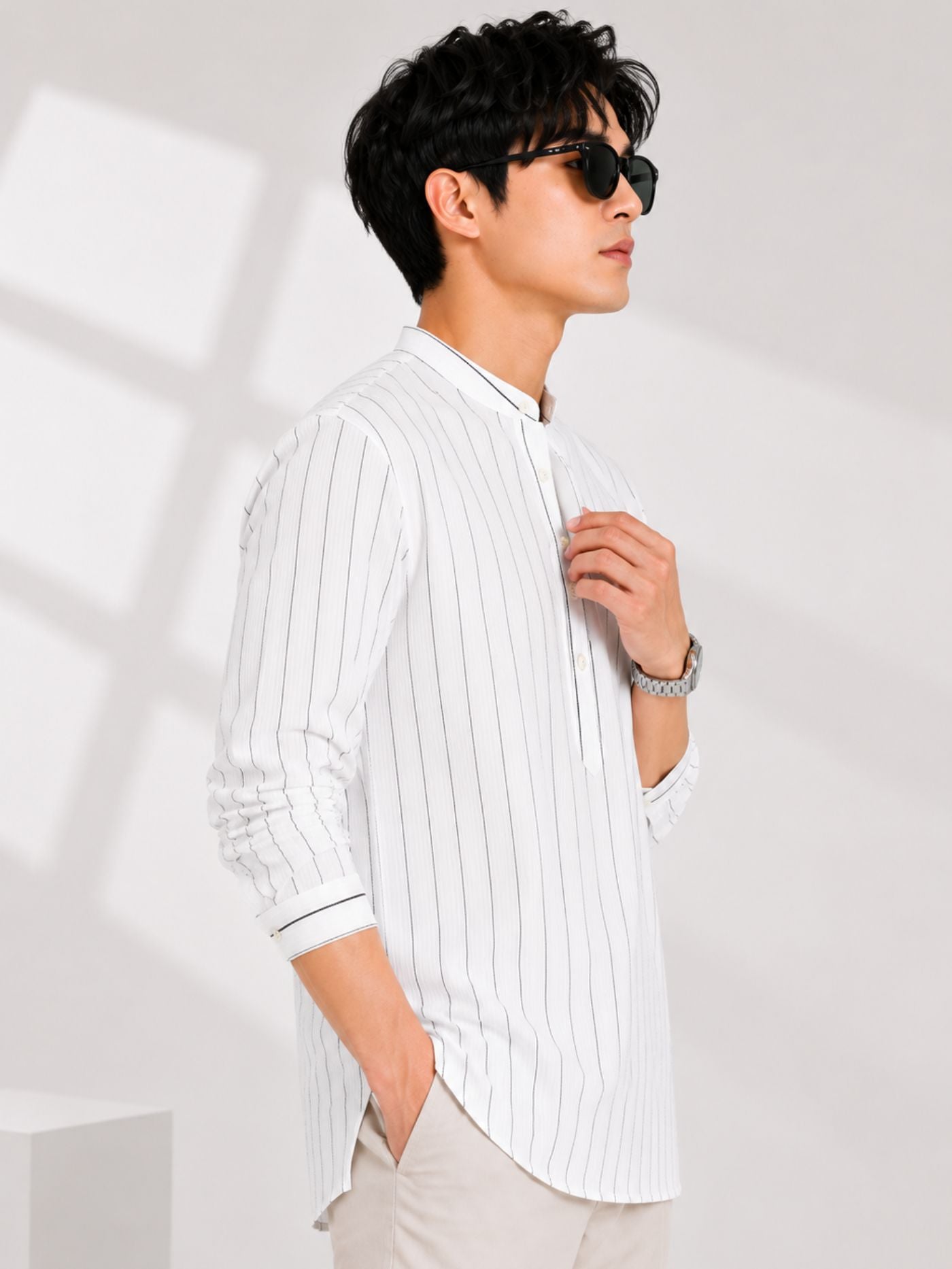 Side Profile of The Rajwada Pinstripe Kurta Shirt White Mandarin Collar Shirt
