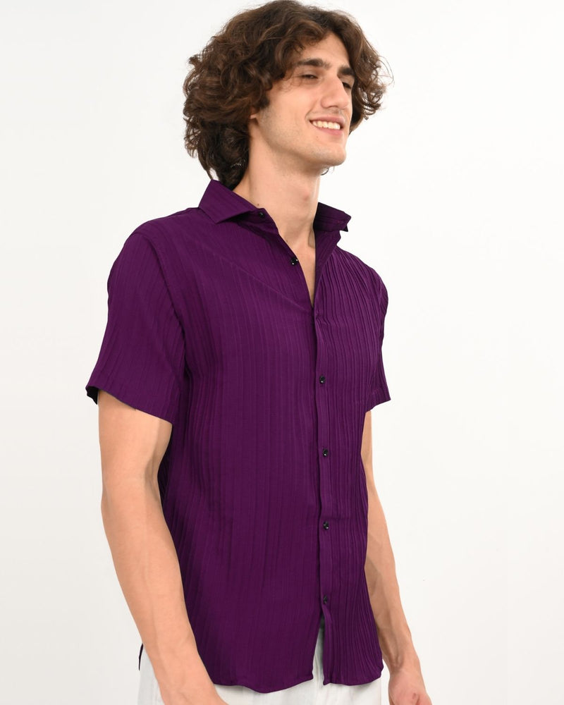 Side view of Royal Plum short-sleeve shirt