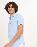 Side view of Skyline Blue textured short-sleeve shirt for men.
