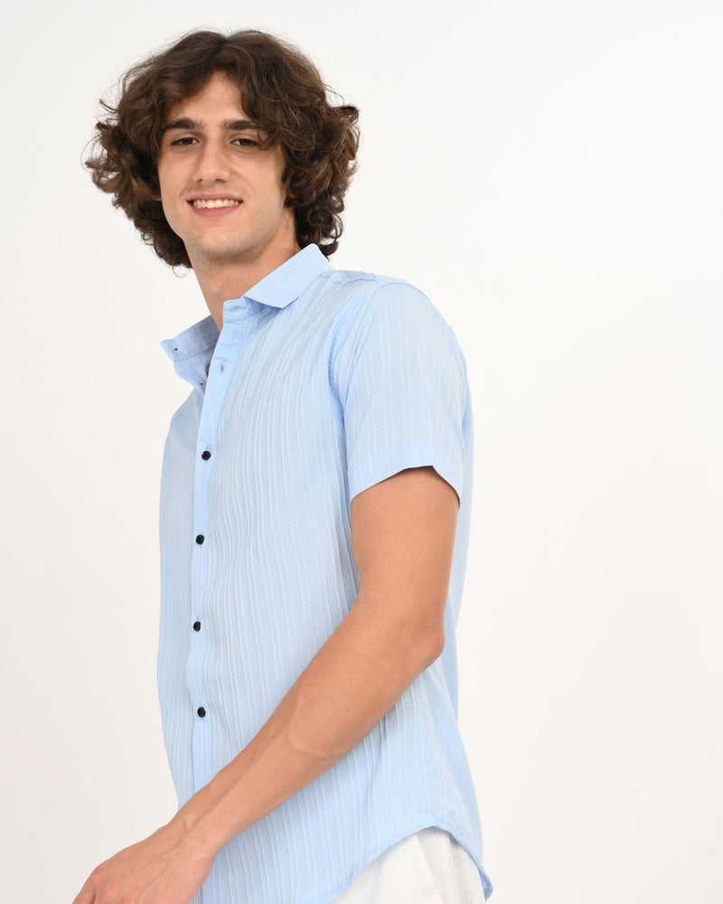 Side view of Skyline Blue textured short-sleeve shirt for men.