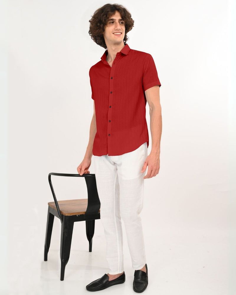 Standing pose in Ruby Red Textured Shirt for Men