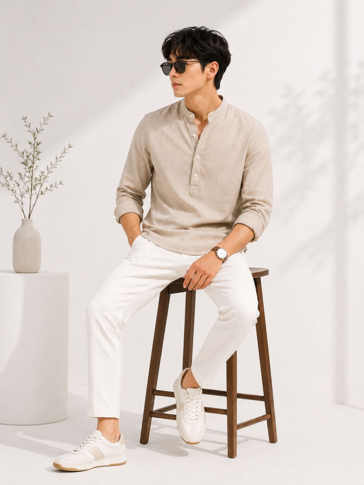 Stylish Men's Beige Kurta Shirt in Pure Cotton with Contemporary Korean Fashion Look