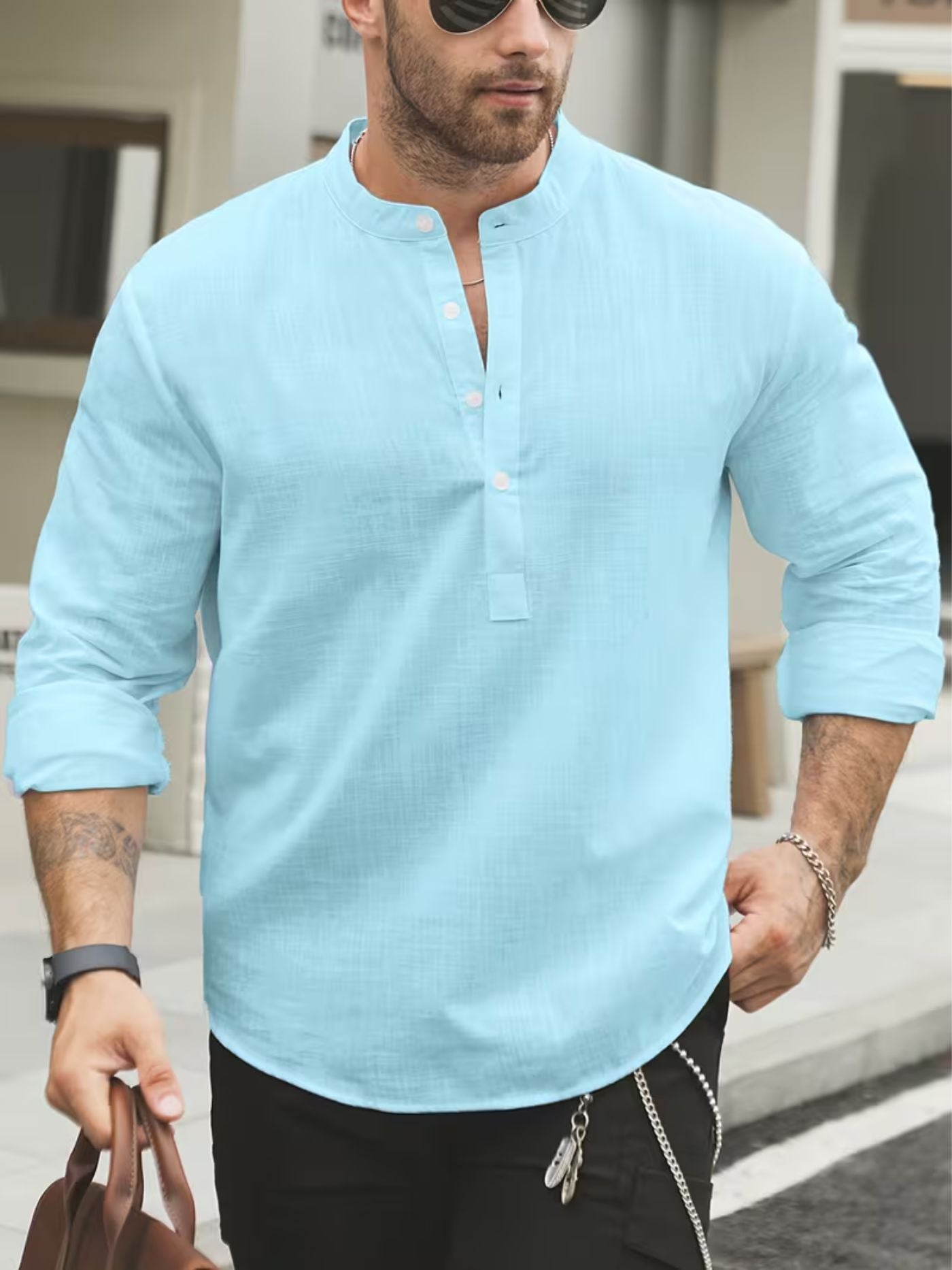 Tailored blue summer shirt styled outdoors