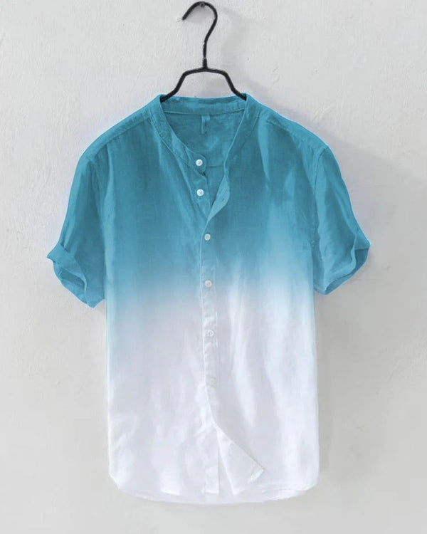 “Teal blue ombre shirt with rolled sleeves – breathable coastal style”

