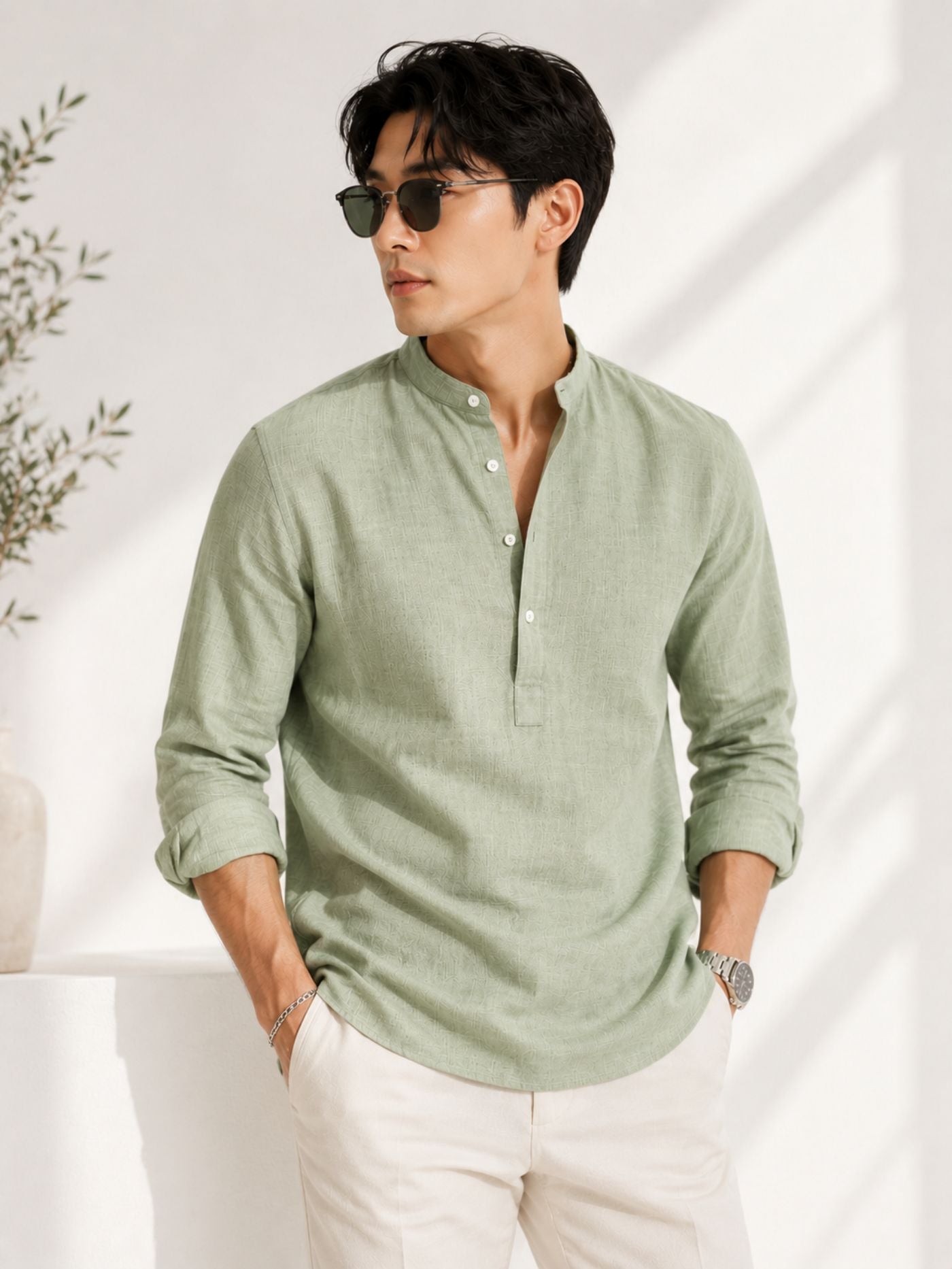 The Meadow Linen-Look Kurta Shirt Sage Green Front View
