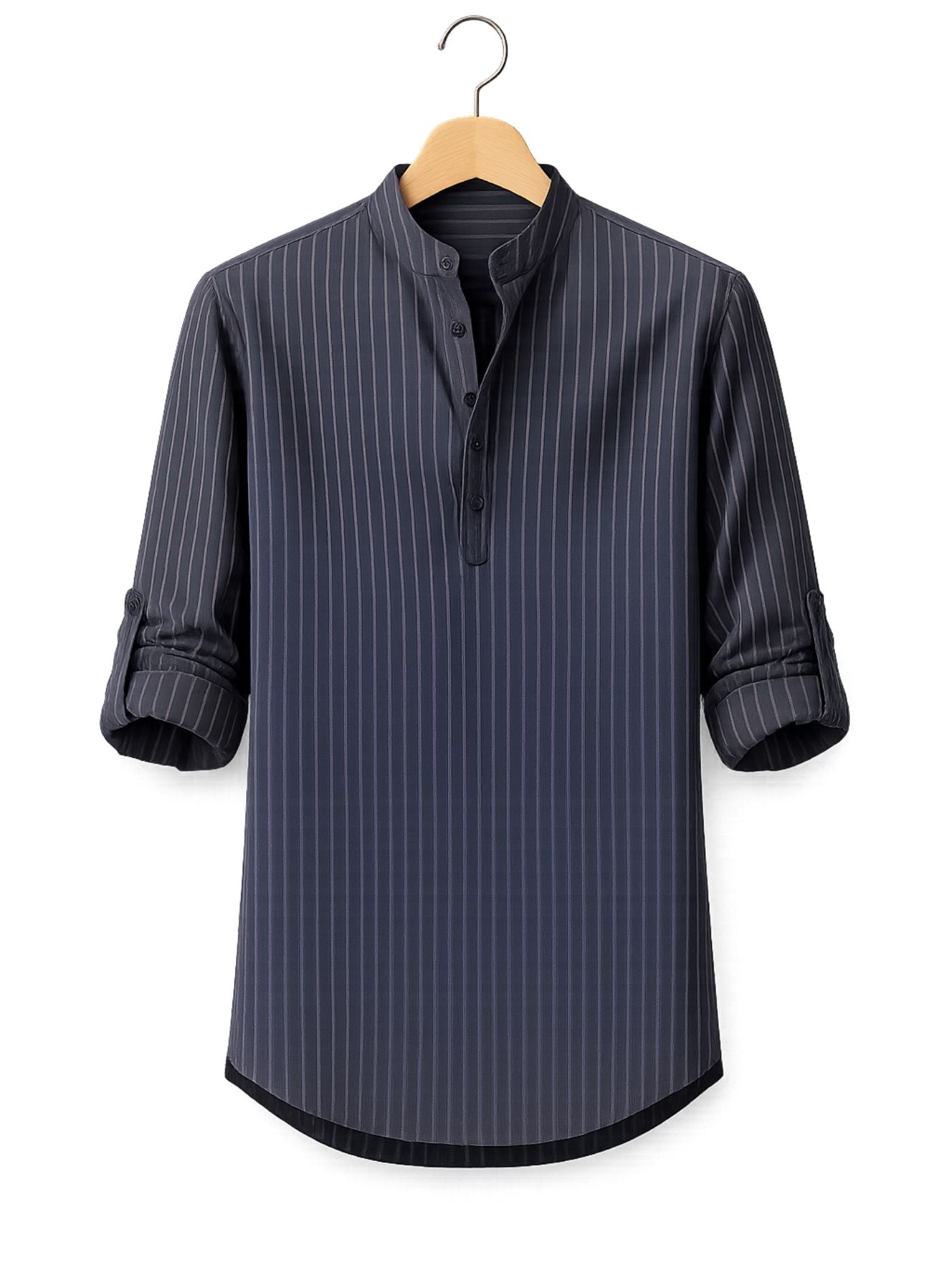 The Rajwada Pinstripe Kurta Shirt Charcoal Grey Hanging on Wooden Hanger