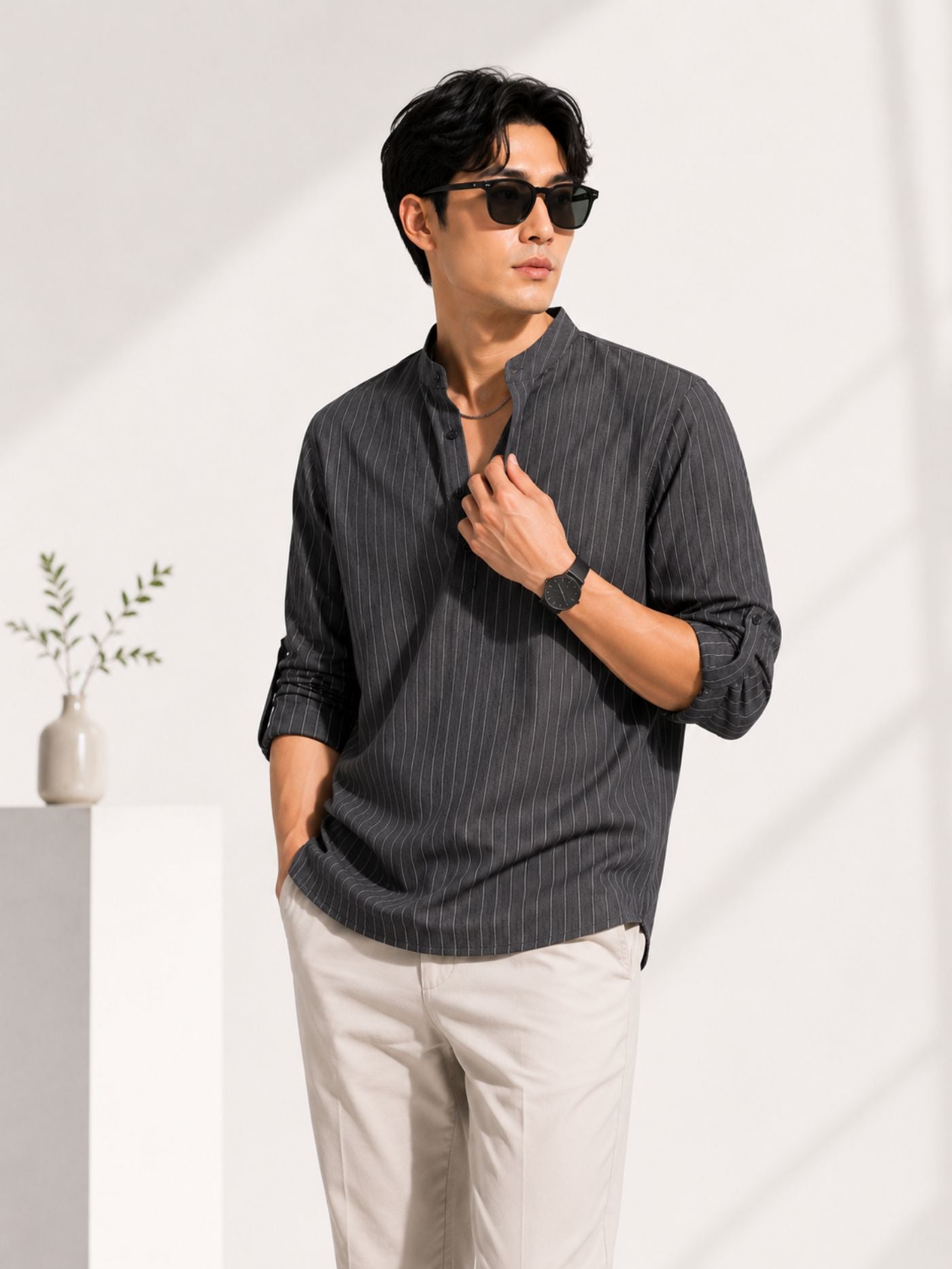 The Rajwada Pinstripe Kurta Shirt Charcoal Grey Premium Mandarin Collar Kurta Shirt for Men